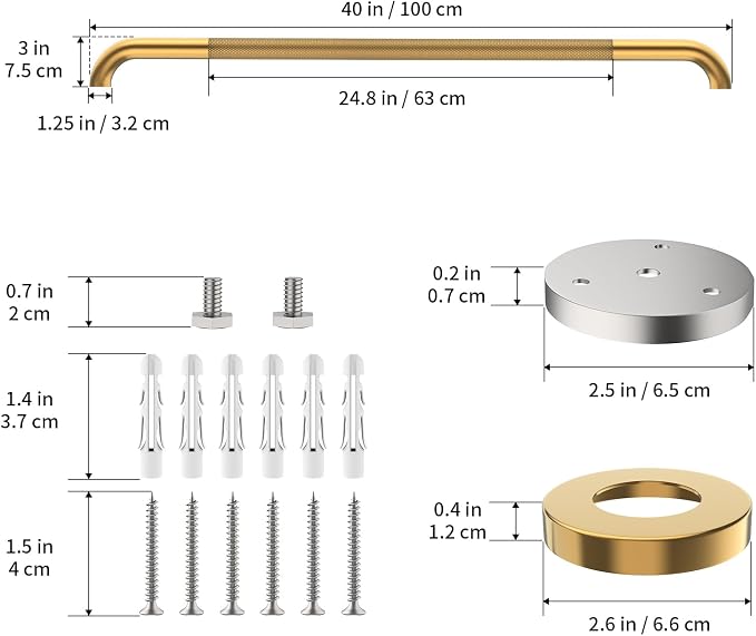 40 Inch Anti Slip Shower Grab Bars, Munzong Long Bathroom Grab Bar Gold | Knurled Handicap Balance Bar Safety Hand Rail Support Elderly Senior Assist Bath Handle