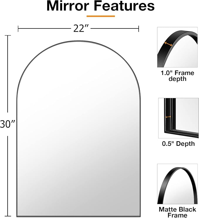 Brightify Arched Mirror, Arched Wall Mirror, 22 x 30 Inch Black Arch Mirror, Metal Frame Black Bathroom Mirror, Arched Top Bathroom Vanity Mirror for Living Room Bedroom Mantel Entryway Hallways