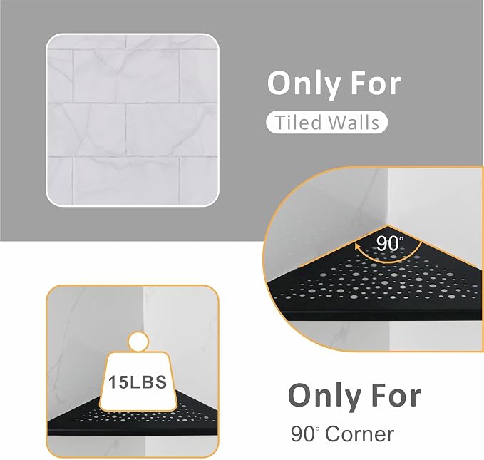 WELLUP Shower Corner Shelf 2 Pack,10" Shower Shelf for Tiled Wall Black | 304 Stainless Steel Corner Shower Shelf,Shower Corner Shelf for 90°Tiled Wall,15 lbs Capacity,Hollowed Drainage,Easy Install