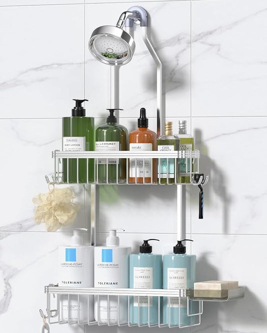 Never Rust Shower Caddy Hanging, Aluminum Shower Racks for Inside Shower, 2-Tier Shower Organizer Hanging Over Shower Head with Hooks and Soap Holder, Silver
