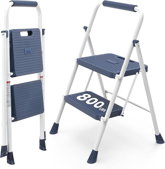 Sweetcrispy 2 Step Ladder, 800lbs Folding Sturdy Step Stool | Portable Stepping Stool with Wide Anti-Silp Pedal & Cushioned Handle, for Home Kitchen and Outdoor - Blue