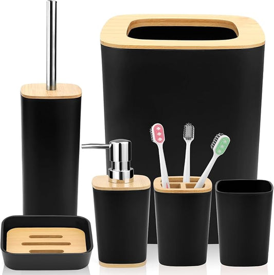 Hommtina Bamboo Bathroom Accessory Set, 6 Pcs Bathroom Essential Includes Toothbrush Cup, Toothbrush Holder, Soap Dispenser, Soap Dish, Toilet Brush with Holder, Trash Can (Black Square)