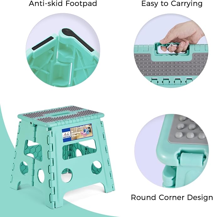 ACKO 13" Folding Step Stool, Non-Slip Surface for Adults & Kids, Dot Teal | Collapsible Heavy Duty Foldable Stools, Portable Foot Stepping Stool Holds 300 lbs, Kitchen Bathroom Outdoor, Built-in Handle