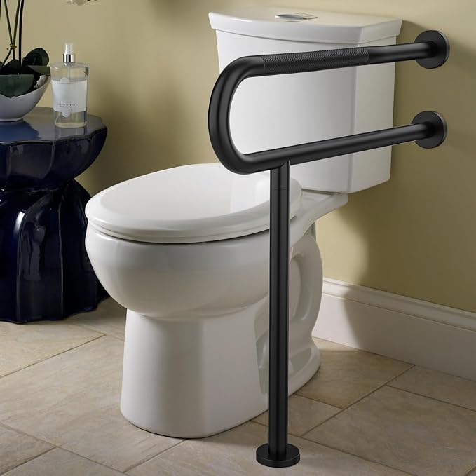 Toilet Grab Bar 32Inch with Leg, YuanDe Matte Black Wall Mounted Safety Bar | Stainless Steel Anti-Slip Bathroom Support Rail for Elderly Disabled Pregnant