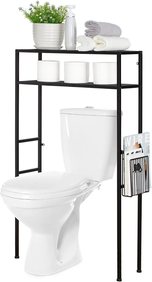 MyGift 2-Tier Over The Toilet Storage Rack, Over Toilet Bathroom Organizer, Freestanding Above Toilet Shelf with Removable Magazine Holder Basket, Black Metal Cabinet for Laundry Space Saver