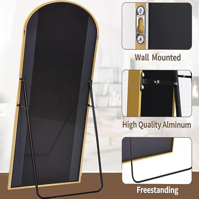 Dewfig Arched Full Length Mirror, 86"x46" Large Floor Mirror, Gold | Aluminum Alloy Frame Oversized Full Body Mirror, HD Shatterproof Tempered Glass, Lean/Stand/Wall for Living Room,Bedroom