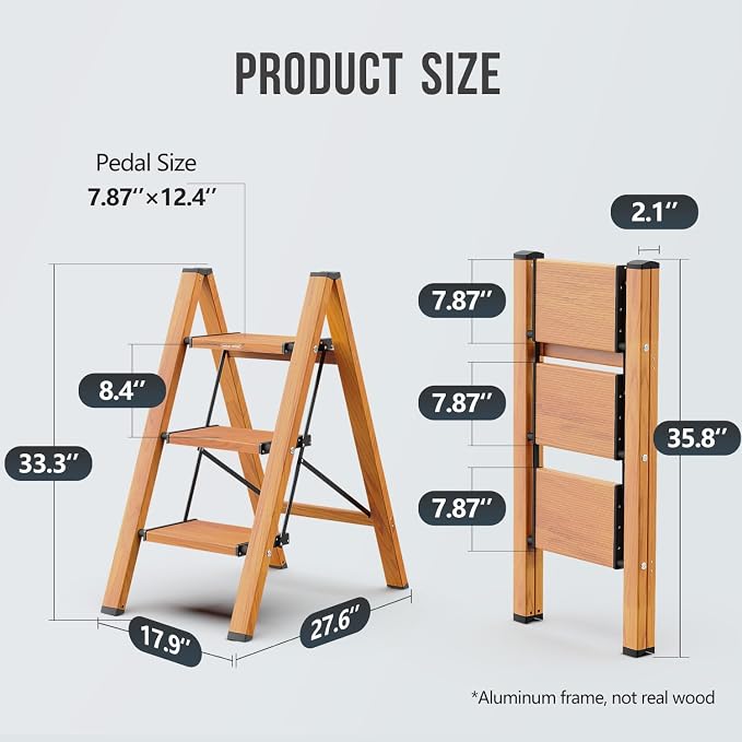 3 Step Foldable Step Stool, 300lbs Load, Wood Grain | Folded 36''H x 3''T; Net 9 lbs; Non-Slip Feet: Wood/Tile/Carpet; Rigid Aluminum Steps; No Assembly; Ready From Box.