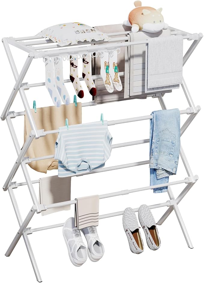 Homde Foldable Drying Rack for Apartments: 11 Poles with 18 Sock Slots | Dries Clothes Socks and Towels-Portable Drying Stand for Laundry and Balcony-Expandable Space Saving Garment Dryer
