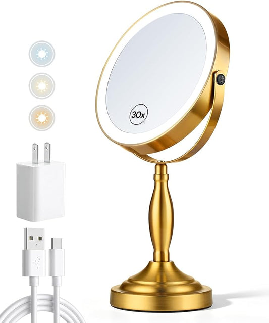 30X/1X Makeup Mirror with Lights, 8" Double Sided Vanity Mirror with Lights | 3 Color Modes & Dimmable, 5000mAh Rechargeable, Side Touch + Side Charging, 360° Rotation Tabletop Mirror, Brushed Gold