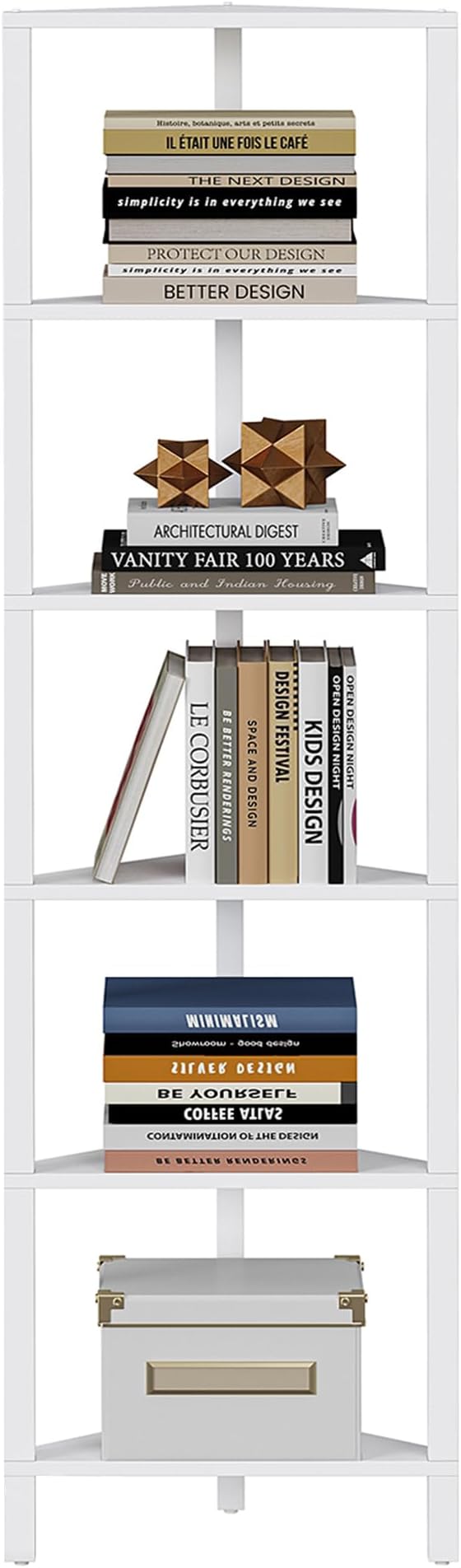 TUTOTAK 6-Tier Corner Bookshelf, Corner Shelf for Small Space | Narrow Display Corner Shelf Stand with Storage Rack, for Living Room, Bedroom, White BS05BW006