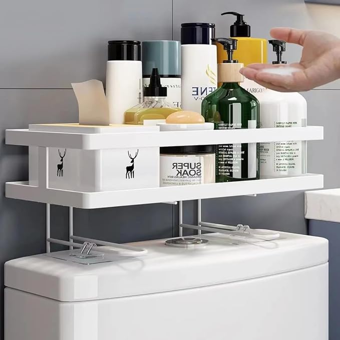 ShellKingdom Over the Toilet Storage Shelf, Toilet Paper Holder Stand Rack | Punch-Free Bathroom Storage Rack with 2 Hooks, Small Space Organizers for Bathroom, Home, White