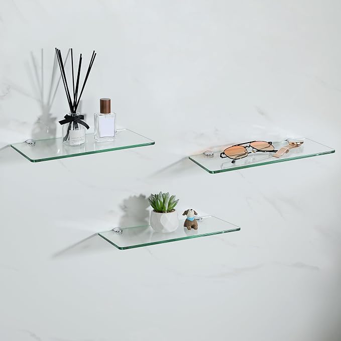 SAYAYO Glass Floating Shelves for Wall, Tempered Glass Shelves for Bathroom | Living Room, Bedroom, Office, Toilet, Kitchen Decor, 12 Inch Set of 3, Clear