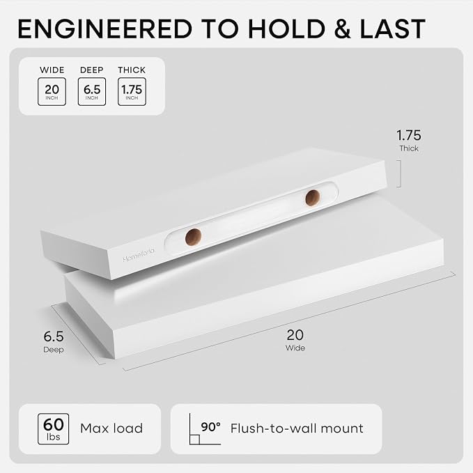 White Floating Shelf 20 inch, High End Solid Real Wood 20inch Bathroom Floating Shelves for Wall Mounted, White Wooden 20in Floating Shelves, Heavy Duty Bracket, 20 X 6.5 X 1.75 in, Set of 4
