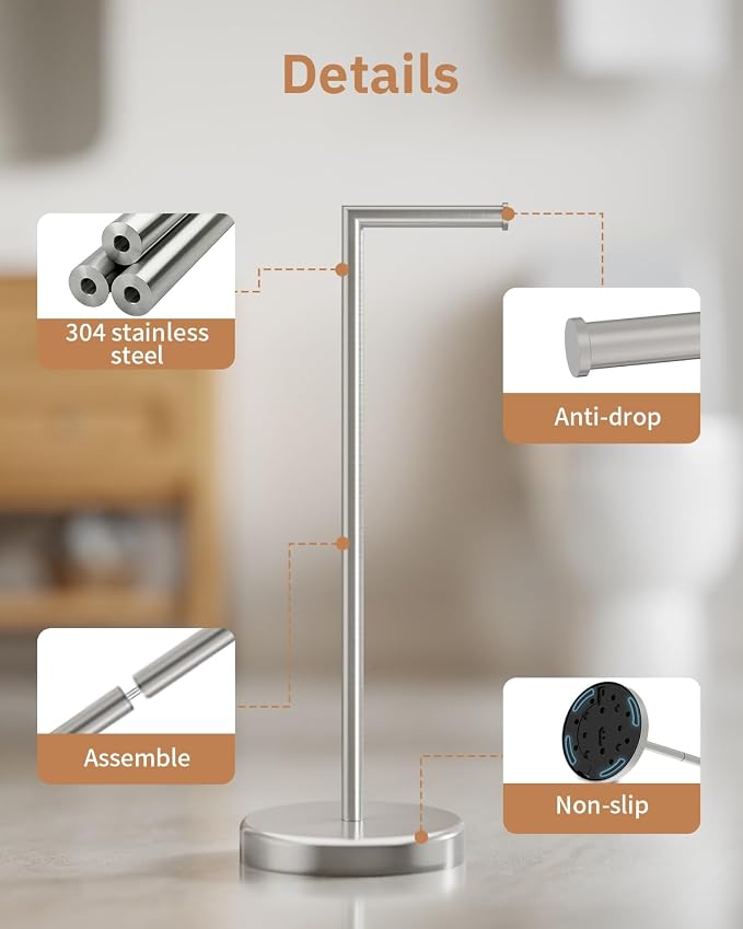 BWE Brushed Nickel Toilet Paper Holder Stand SUS304 Stainless Steel Modern | Freestanding Toilet Paper Roll Tissue Holder for Bathroom Toilet Paper Stand with Heavy Weighted Base Portable Saving Space