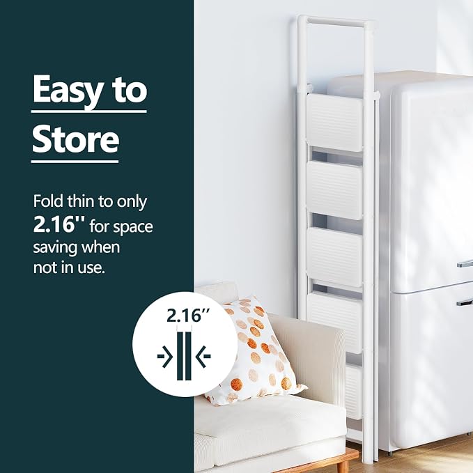 5 Step Foldable Step Stool with Handrail, 330lbs Load, White | Folded 67'' H x 3'' T; Net 17.8 lbs; Anti-Slip Feet Grip Wood, Tile, Carpet; Wide Pedals; For Shelves, Repairs.