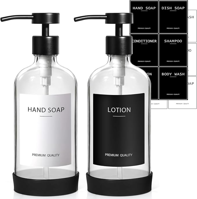 RYTOXILO Clear Soap Dispenser 2 Pack, Glass Soap Dispenser with Stainless Steel Pump, 16.9 Fl oz Refillable Kitchen Hand and Dish Soap Dispensers Set, Modern Clear Soap Lotion Dispensers Bottle