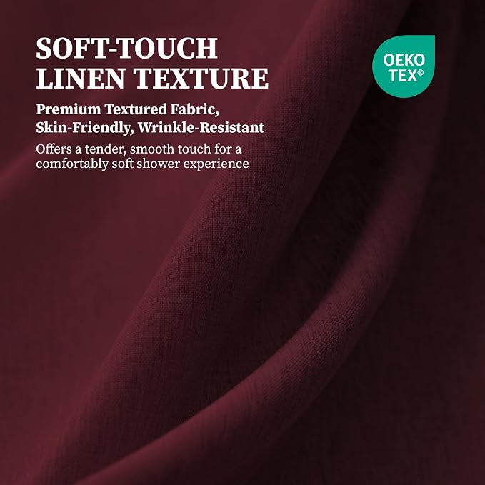 72x78 Linen Textured Waterproof Fabric Shower Curtain Set, Burgundy | Long Size, 230GSM Polyester, Heavy Duty Cloth, Weighted Hem, 12 Plastic Hooks, Modern Luxury Hotel Style, Machine Washable