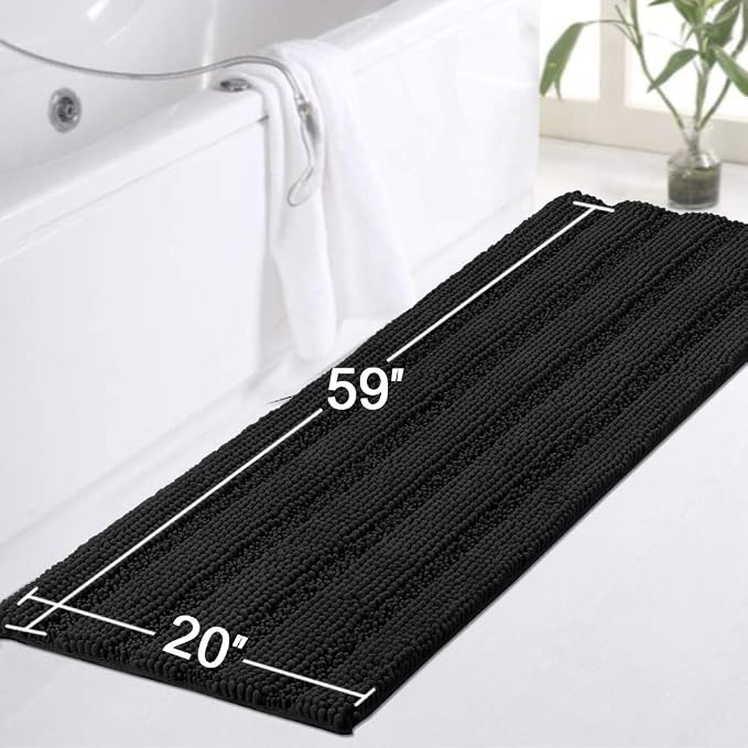 Turquoize Luxurious Non-Slip Shaggy Chenille Kitchen Runner Black Kitchen Rug Ultra Soft Plush Carpet Mat Shag Shower Bath Runner Absorbent Large Bath Mat for Entryway, Size 59 & 20 Inches, Black