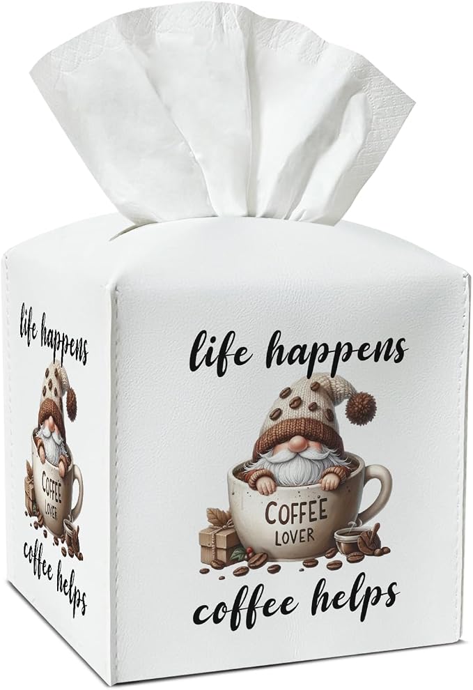 Coffee Gnomes Tissue Box Covers Square, Leather Tissue Box Holders Decorative for Home Kitchen Bar Station Organizer, Coffee Lover Gifts Square Facial Paper Organizer Home Decor -033
