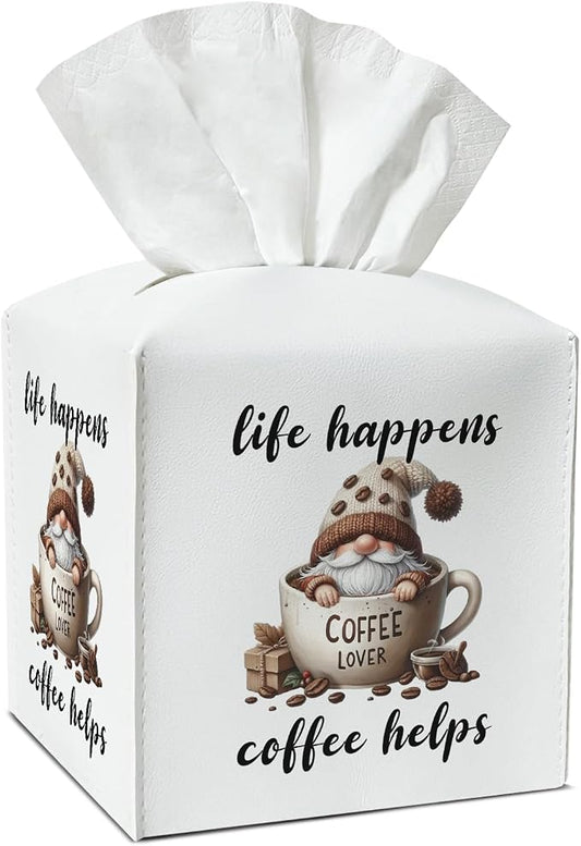 Coffee Gnomes Tissue Box Covers Square, Leather Tissue Box Holders Decorative for Home Kitchen Bar Station Organizer, Coffee Lover Gifts Square Facial Paper Organizer Home Decor -033