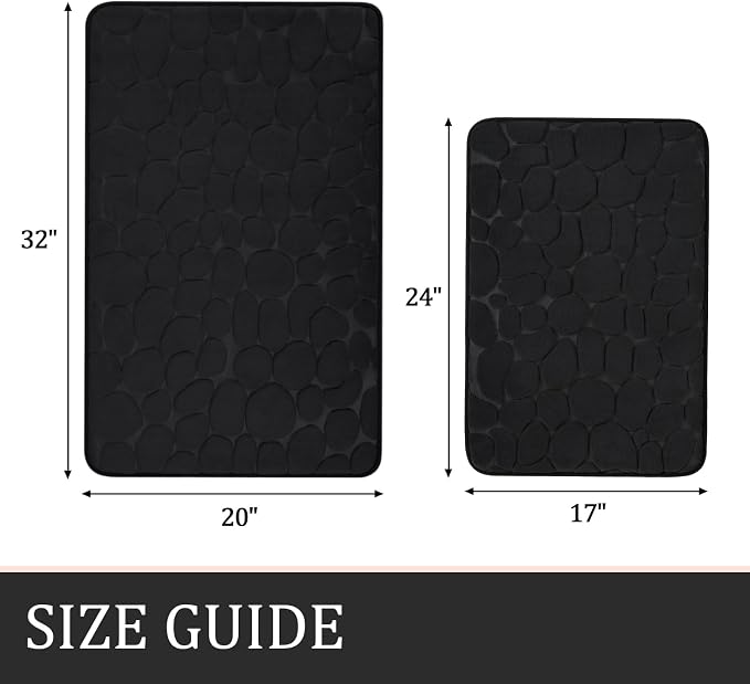 Bathroom Rugs Mat Set, Memory Foam Bath Mat 2 Piece Black | 17x24&20x32, Non Slip, Water Absorbent, Washable, Bath Mat For Bathroom, Sink and Toilet