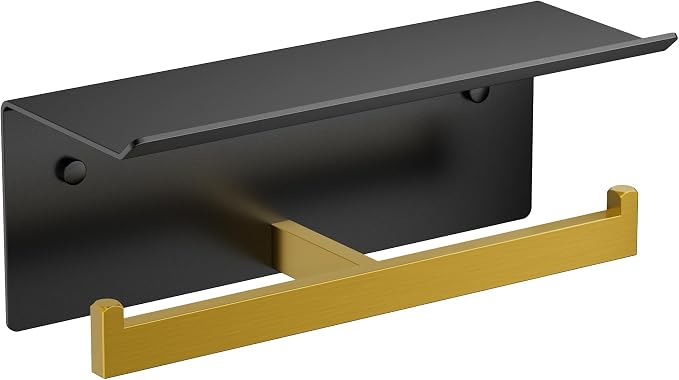FORIOUS Toilet Paper Holder with Shelf, Commercial Toilet Paper Dispenser | Black & Gold | SUS304 Stainless Steel Wall Mount Double Bathroom Tissue Roll Holder for Hotel, Apartments, etc