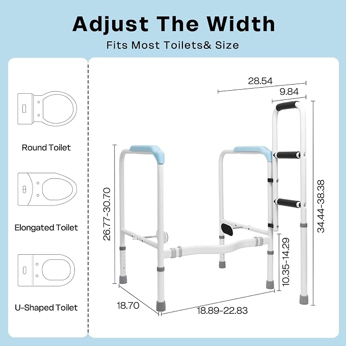 Toilet Safety Rails for Seniors, Heavy Duty Adjustable Toilet Safety Frame | 665 lb Capacity Stand Assist Rail with Suction Cups, Non-Slip Feet, Adjustable Height&Width, Foldable No-Drill Support