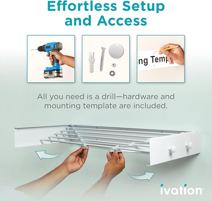 Ivation Retractable Wall Mounted Clothes Drying Rack, 32" Foldable Laundry Drying Rack for Clothing | Collapsible Space-Saving Design & 5 Rods | Easy Installation with Hardware & Wall Template (White)