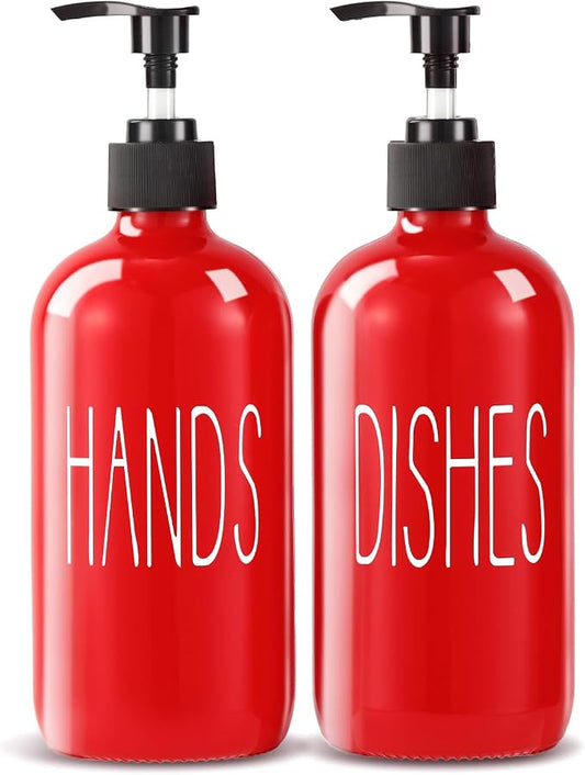 COHOSEGE Glass Soap Dispenser Set 2 Pack,16 Oz Dish Soap Dispenser for Kitchen Sink,Red Kitchen Accessories and Kitchen Decor,Red Decorations and Kitchen Utensils for Kitchen