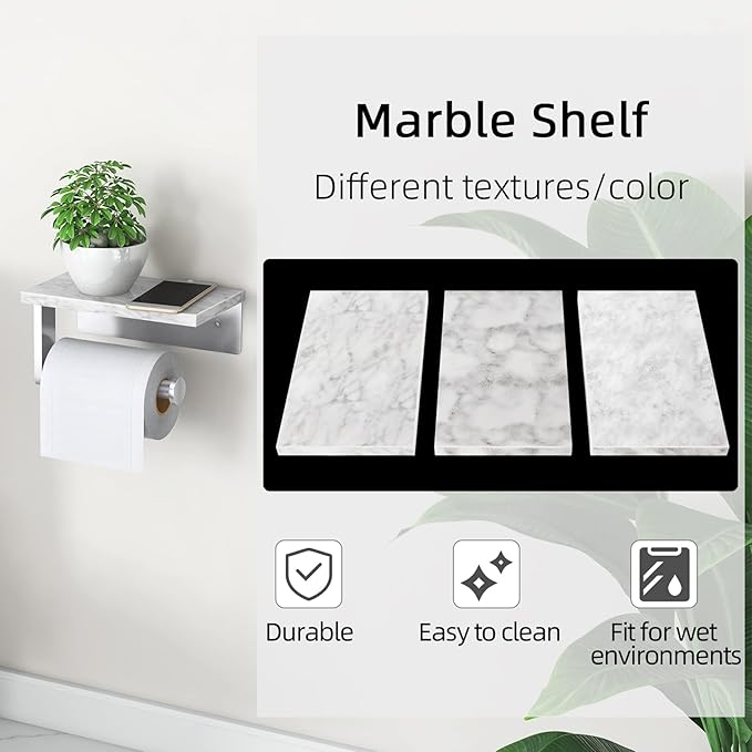 Gypie Toilet Paper Holder with Marble Shelf, Wall Mounted Brushed Nickel | Stainless Steel Tissue Roll Paper Holder Dispenser for Bathroom Washroom