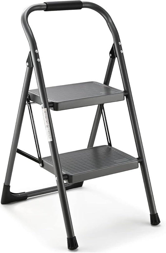 Step Stool for Adults,2 Step Ladder Folding 330lbs Anti Slip Step Stool,Foldable Ergonomic 2 Steel Stool with Wide Pedal for Home, Kitchen, Office (Gray)