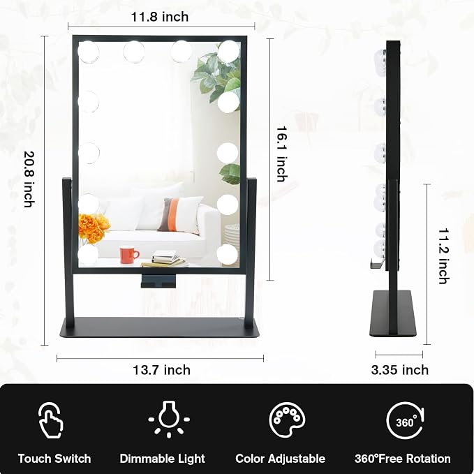 BWLLNI Vanity Mirror with Lights, Black Makeup Mirror with Phone Holder | Hollywood Mirror with 12 Dimmable LED Bulbs, 3 Color Lighting Modes, Detachable 10X Magnification, 360°Rotation