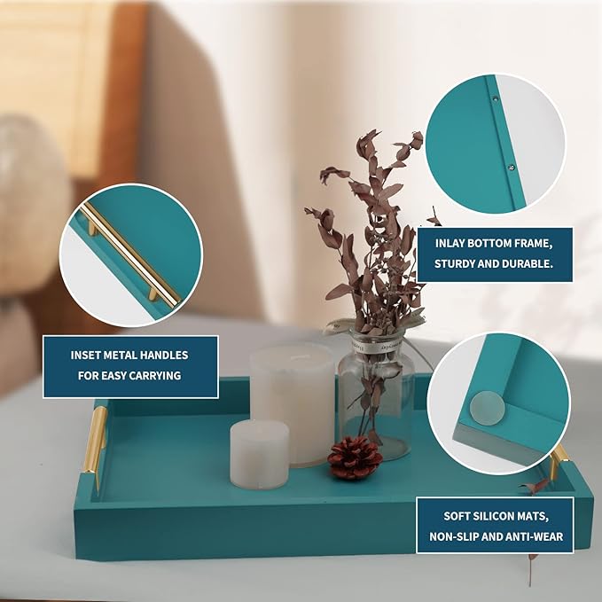Wooden Decorative Coffee Table Tray, 16" Serving Tray with Handles, Matte Finish Decorative Tray, Ottoman Tray for Living Room, Perfume, Vanity Dresser Organizer (Teal Green)