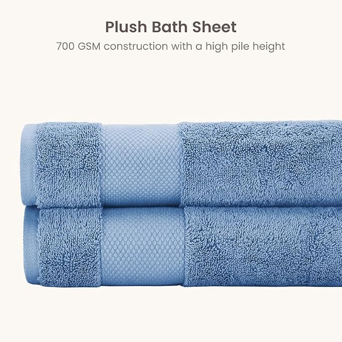 100% Organic Cotton Bath Sheet Set of 2 | Soft Oversized Bath Towels | 700 GSM Premium Bath Towel Sheet Set GOTS Certified - Cerulean Blue
