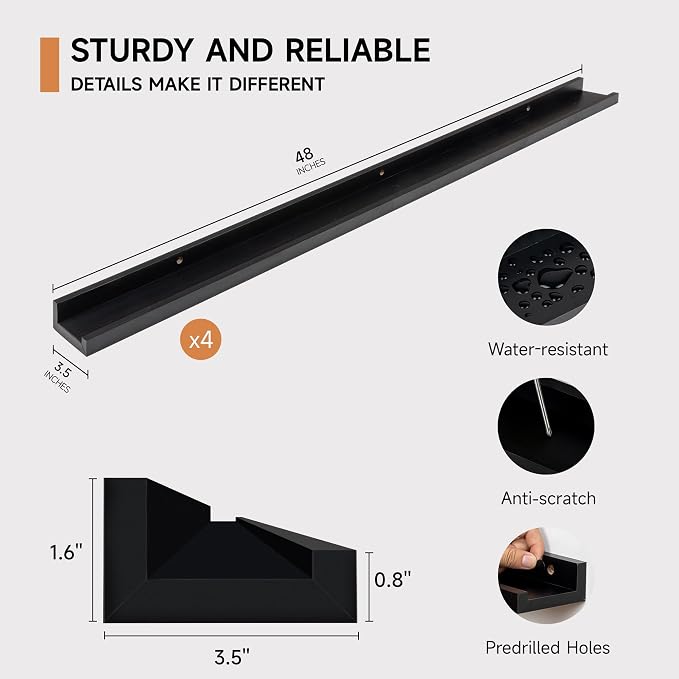 Fun Memories Picture Ledge Shelf for Wall, Floating Shelves Set of 4, 48 Inch Long Nursery Book Shelves for Toys Storage, Kids Bookshelf Wall Mounted for Books Photo Frames, Black