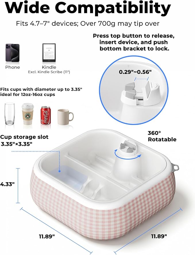 Viozon Couch Cup Holder Tray, EPP Foam Floating Bathtub Tray & Pool Caddy with 360° Adjustable Phone Stand Dock, Detachable Snack Drink Organizer for Sofa Bed, Pink.