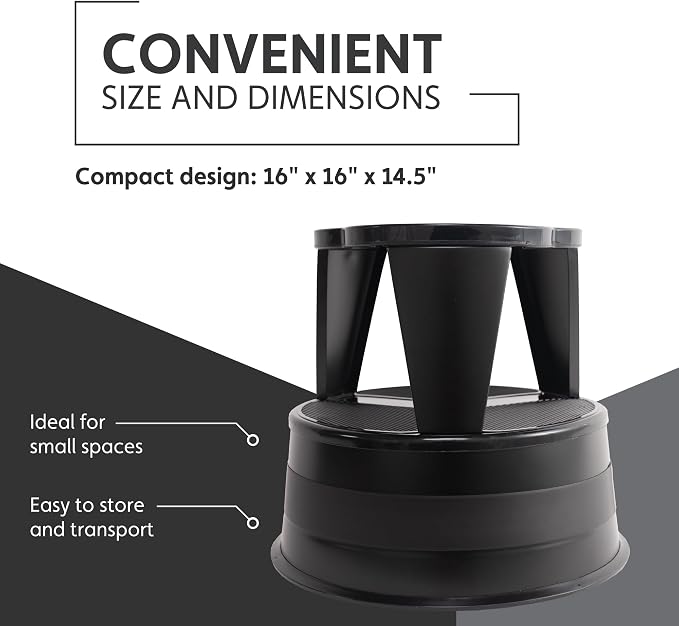 Step Stool with Locking Wheels, Cramer Kik-Step Heavy Duty Rolling Steel Stool, Non-Slip, Holds 350 lbs (Black)