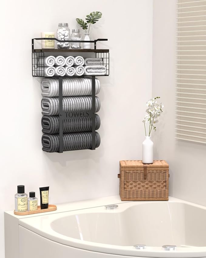 Aetyord Towel Racks for Bathroom Wall Mounted Towel Storage Organize | Towel Storage with Wood Shelf & Metal Basket,Fit for Small Bathroom,Camper,Rv,Brown