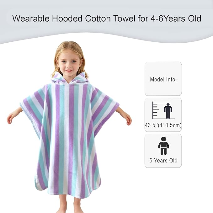 VOOVA & MOVAS Hooded Poncho Towel for Kids, 4-8 Years, Aqua Purple Stripe | Two-Tone Striped Craft, Soft Texture, High Absorbency & Fast Drying for All Water Activities