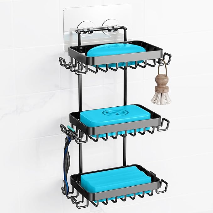 Nieifi Bar Soap Holder, Adhesive Soap Dish for Bathroom Shower Wall | Stainless steel, 3 tier, razor holders, 8 hooks, bathtub, kitchen sink, wall mounted, no drilling, counter, black