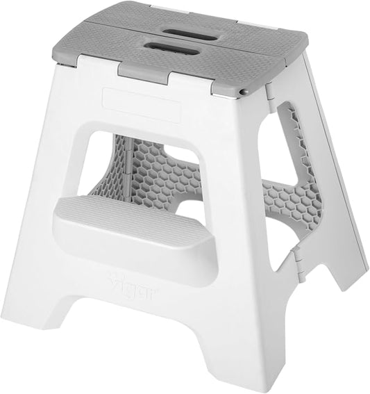 Vigar Compact Folding Step Stool, Gray, 16 Inch 2 Step Foldable | Foldable, Lightweight Portable Design, Carry Handle, Non Slip Surface, Space-Saving Body, Supports up to 330 lb
