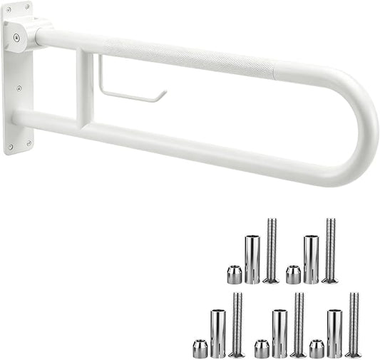 22.5 Inch Toilet Grab Bar, HUAS White Anti Slip Bathroom Toilet Safety Rails, U Shaped Flip-Up Handicap Grab Bars w/Paper Holder, Stainless Steel Support Handrail for Elderly Disabled Senior