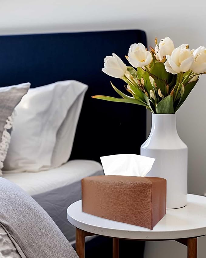 Rectangle Tissue Box Cover Brown - Normal Size Leather Rectangular Tissue Box Cover [JESMINI] Faux Leather Tissue Box Holder Long for Normal Rectangular Facial Tissue Box