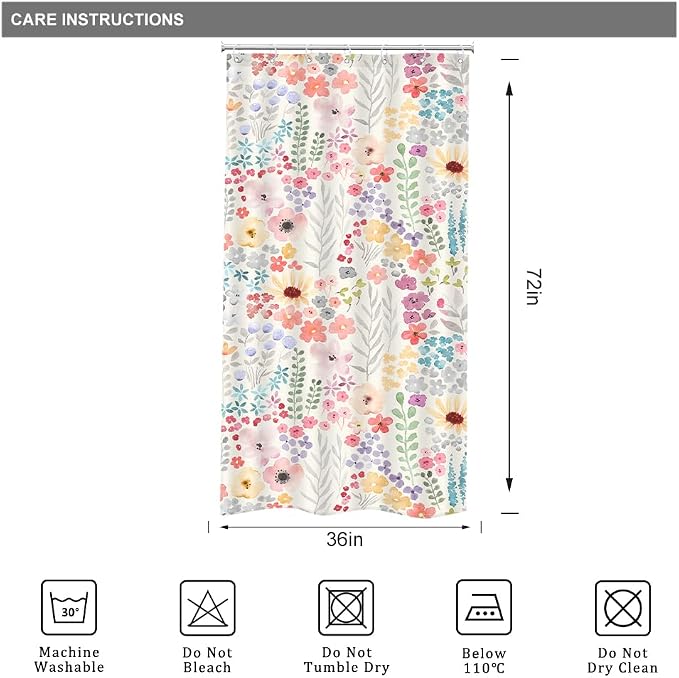 Small Stall RV Colorful Floral Wildflower Art Bathroom Shower Curtain Set | 36"W x 72"H Watercolor Leaves; waterproof HD print, quick-dry fabric with 12 hooks for easy hanging.