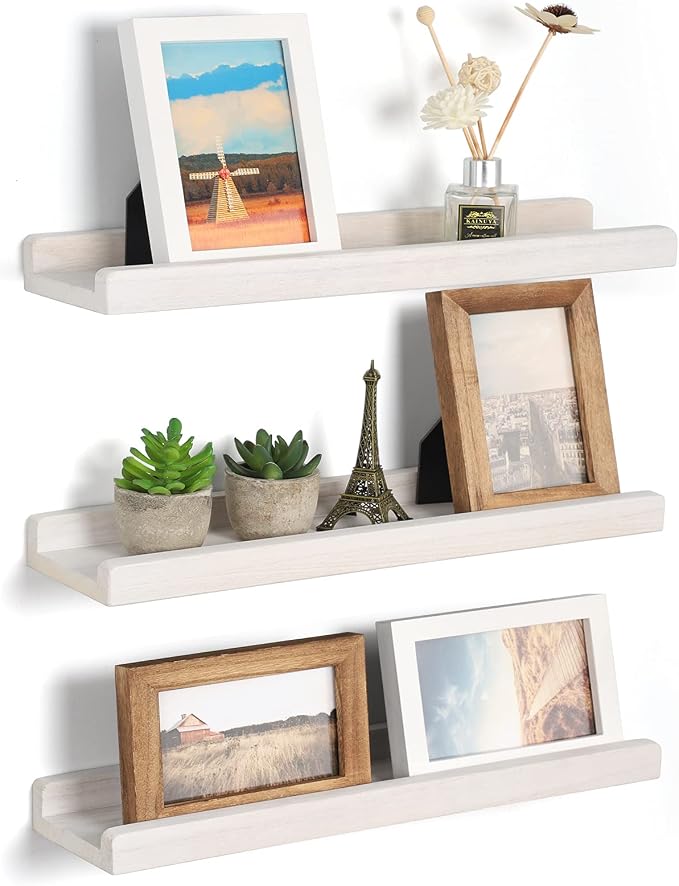 Emfogo Floating Ledge Shelves Rustic Wood Wall Shelf Set of 3 for Storage and Display 16.9 inch Vintage White