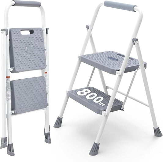 Sweetcrispy 2 Step Ladder, 800lbs Folding Sturdy Step Stool | Portable Stepping Stool with Wide Anti-Silp Pedal & Cushioned Handle, for Home Kitchen and Outdoor - Grey