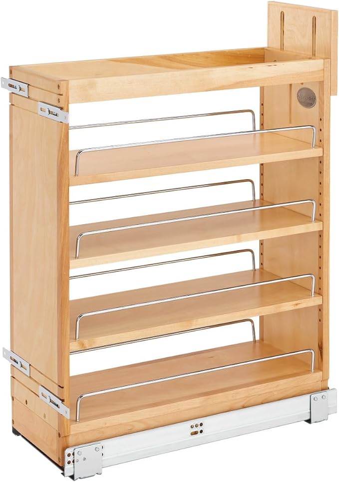 Rev-A-Shelf Maple Pullout Organizer w/Blum Soft-Close for Base Cabinets, Full Extension Slides & Adjustable Shelves, Min Opening Width of 8.5", 448-BCSC-8C