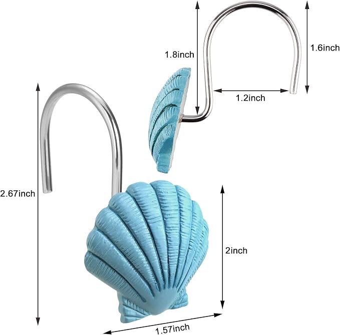 AGPtek® Seashell Shower Curtain Hooks, Blue Seashell, 12PCS | Anti Rust, Decorative Resin, Bathroom Decor, Baby Room Decor, Bedroom & Living Room Decor