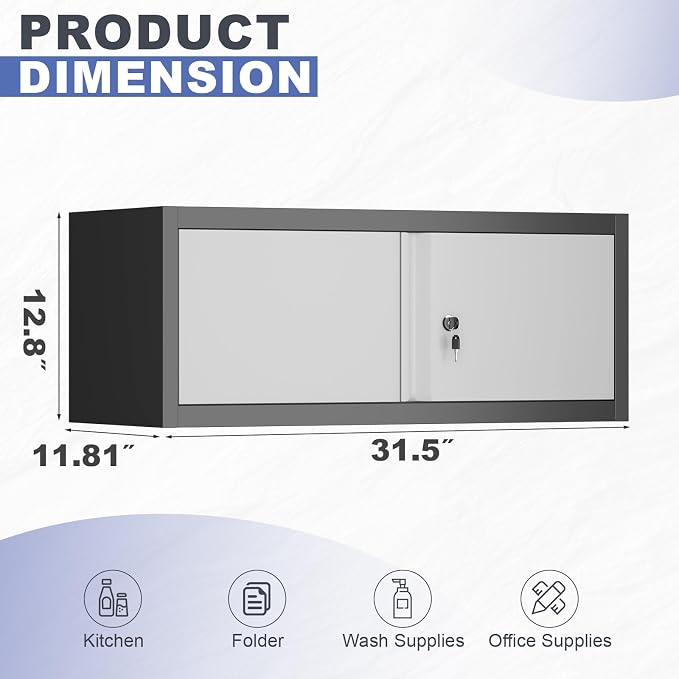 Metal Garage Storage Cabinet, Locking Cabinet Wall Mounted, 13" H Floating Cabinet for Warehouse, Upper Tool Cabinet for Home Office, Basement, Kitchen, RV Organization