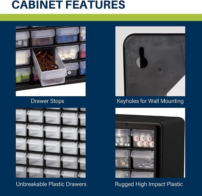 Akro-Mils 64-Drawer Plastic Storage Cabinet, 20-Inch W x 6-Inch D x 16-Inch H | Black | Model 10164 | Garage Organization